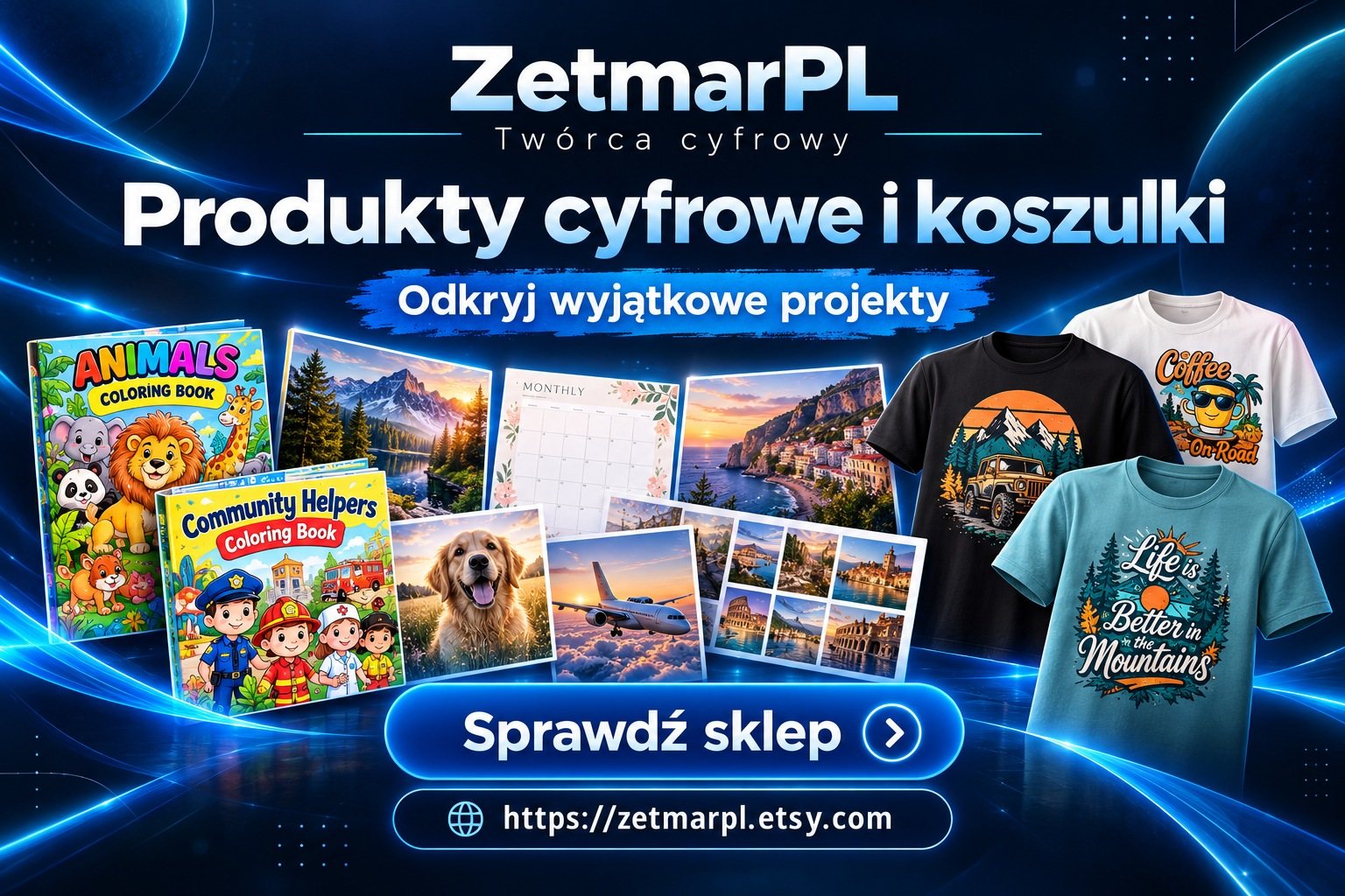 ZetmarPL na Etsy: kolorowanki dla dzieci, plannery, grafiki krajobrazów i koszulki z nadrukiem