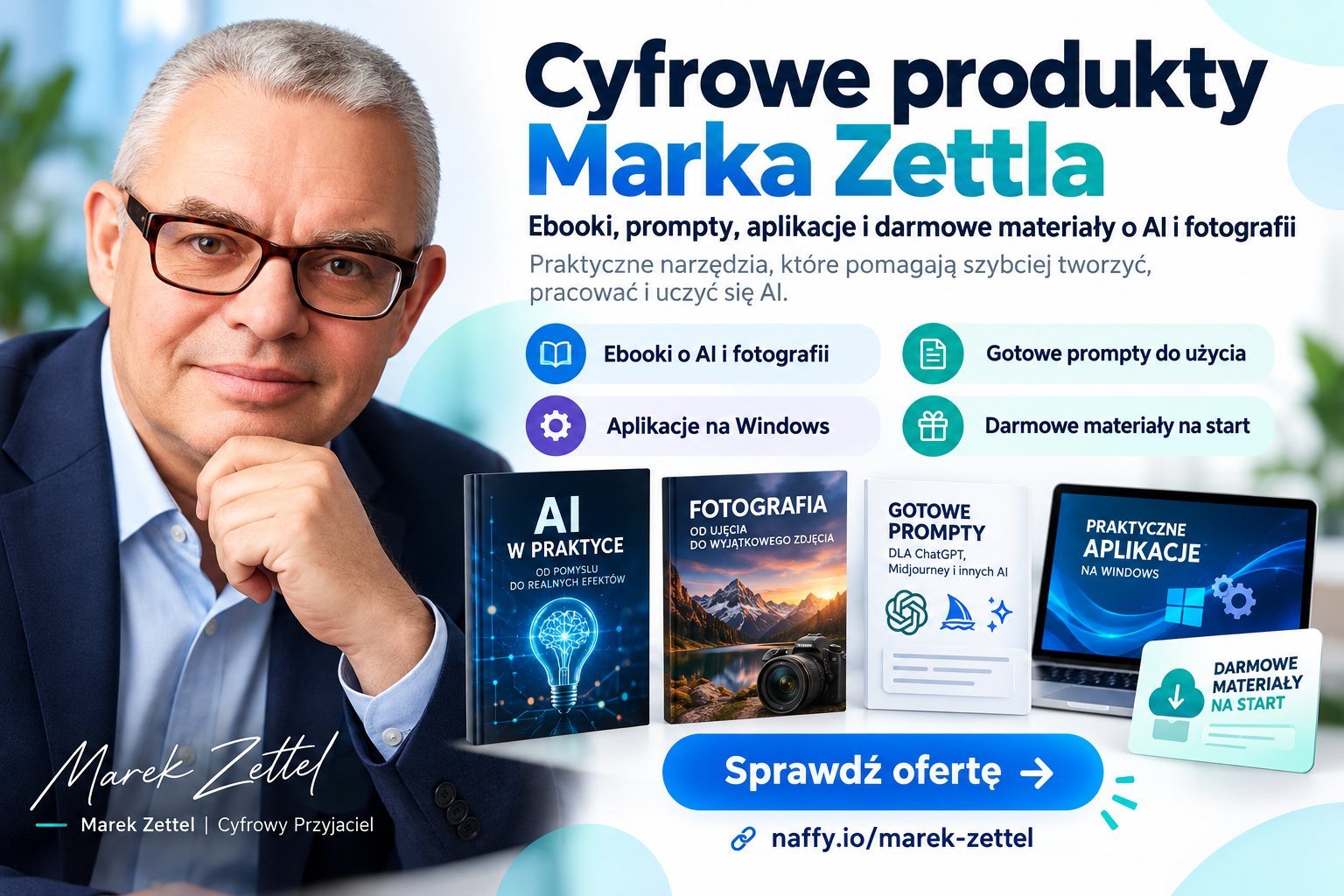 Cyfrowe produkty Marka Zettla: ebooki o AI i fotografii, gotowe prompty, aplikacje na Windows i darmowe materiały na start