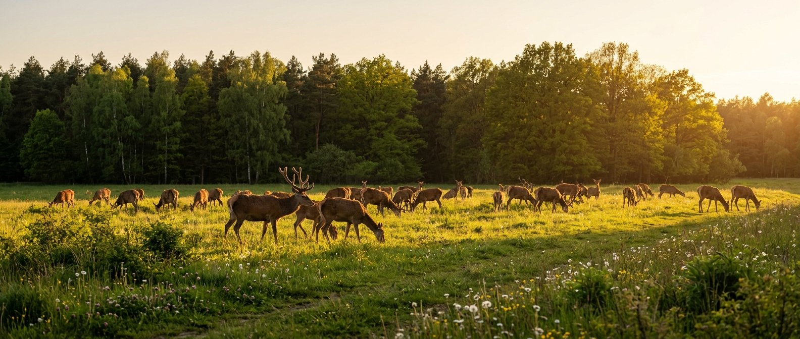 Stado jeleni na polanie – fotografia przyrodnicza AI Canon EOS R5